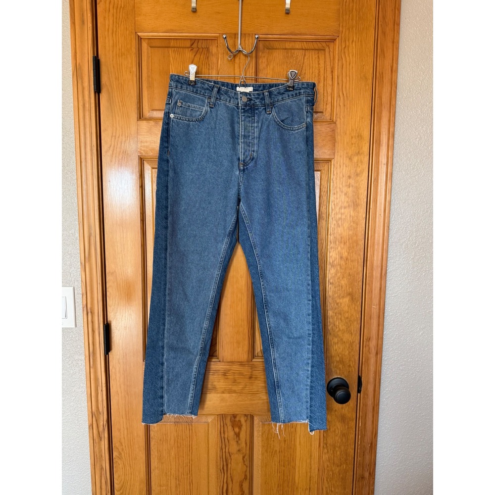 H&M Women Blue Denim Jeans High Waisted Straight Leg Raw Hem Size 8